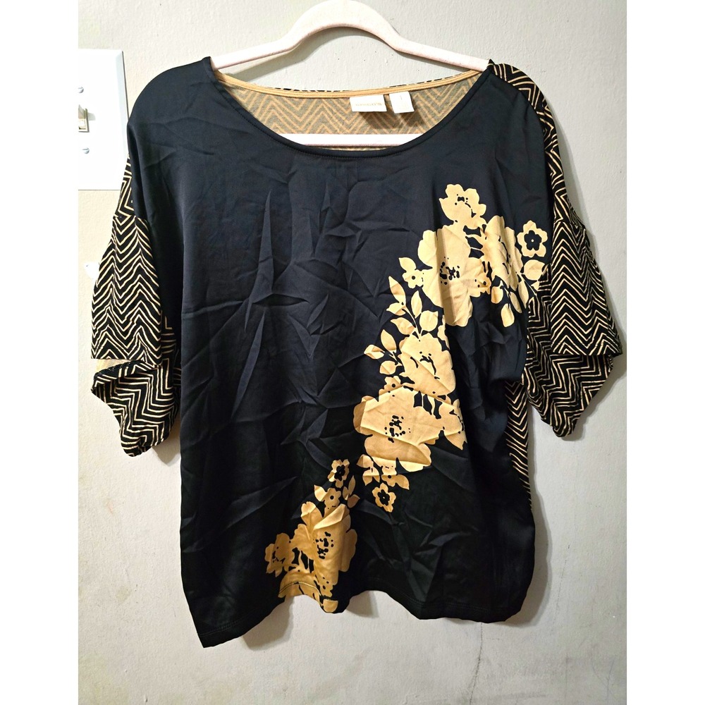 Chico's Womens XL Black Beige Chevron Knit Tunic Blouse 3/4 Dolman Stretch